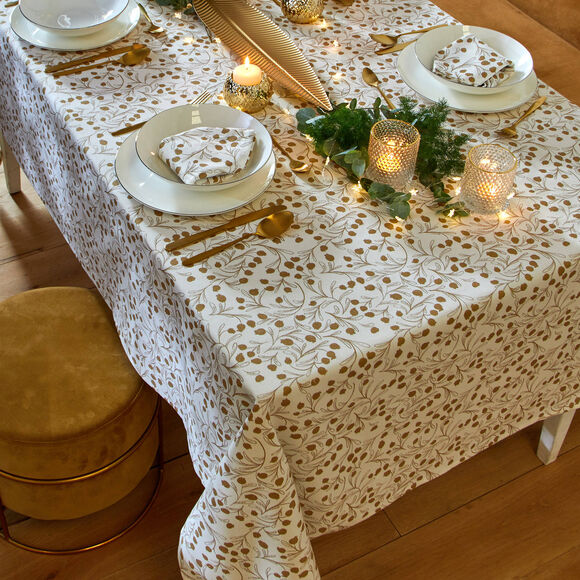 Nappe imprimée petites feuilles coloris doré (blanc / doré) Nappe imprimée petites feuilles coloris doré (blanc / doré)